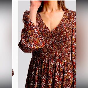 Molly Bracken Long Sleeve Floral Dress - Red and Brown